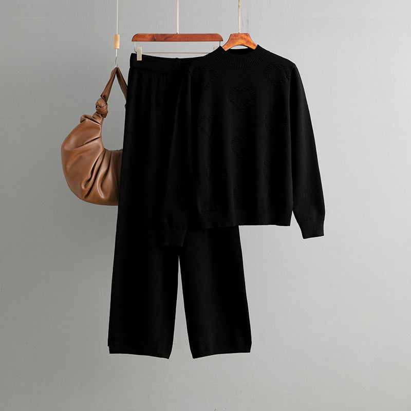 Women Casual Solid Color Long Sleeve Sweater and Pants Set