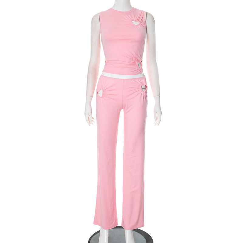 Women Solid Color Summer Round Neck Pullover Set