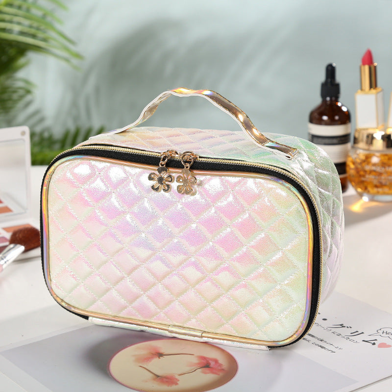 Bolsa de cosméticos de cuero sintético con efecto láser y degradado de color