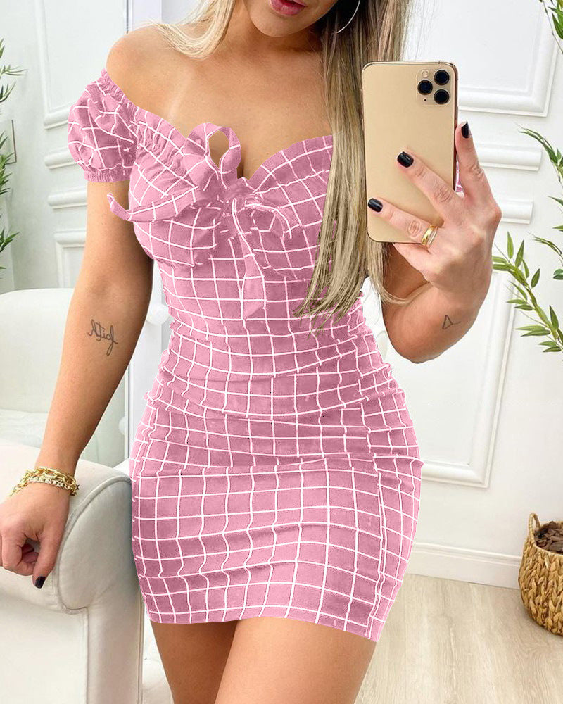 Women Fashion Sexy Plaid Printed Off Shoulder Dress