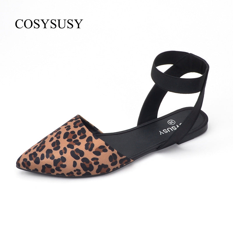 Women Chic Vintage Pointed Toe Leopard Flat Ankle Strap Sandals