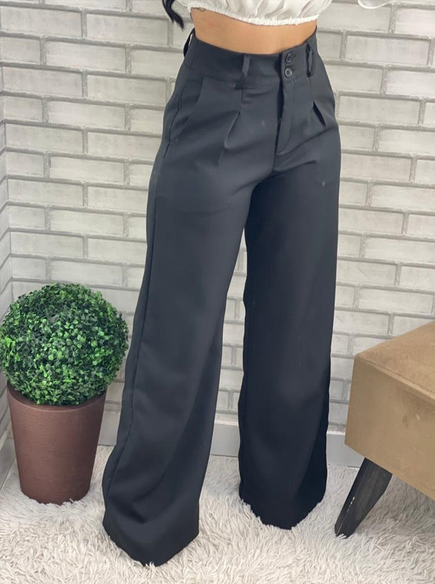 Women Fashion Casual Solid Color High Waist Wide Leg Pants