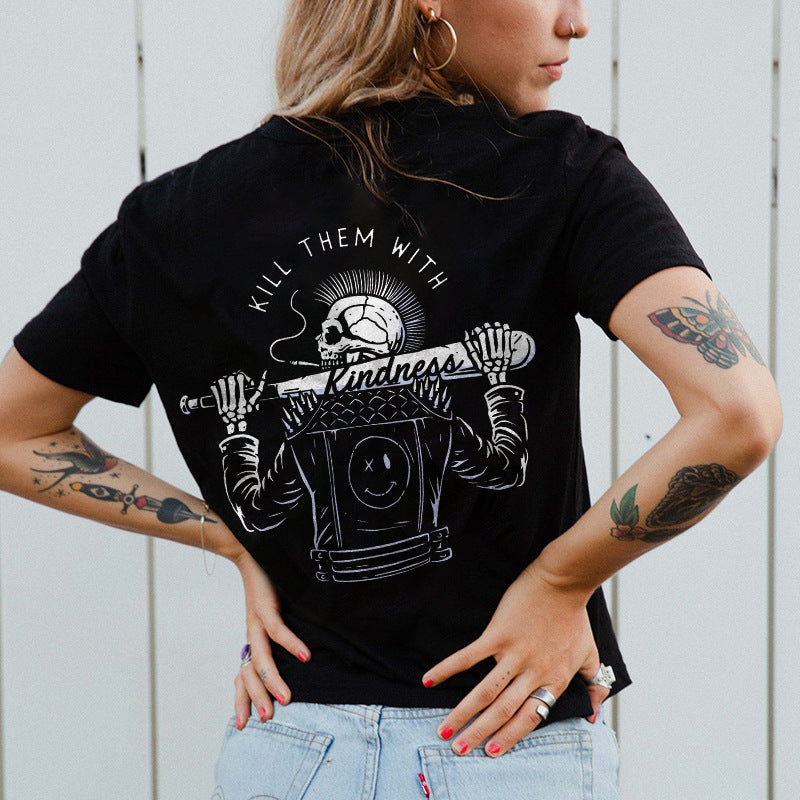 Camiseta de algodón con calavera sonriente de Halloween para mujer