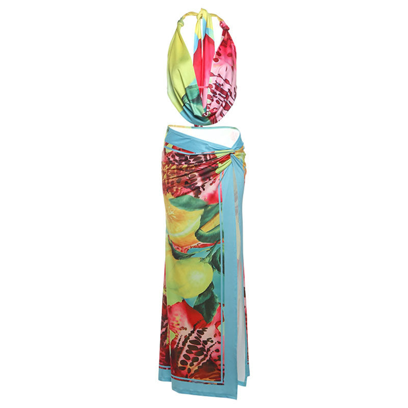 Women Fashion Sexy Printed Halter-Neck Crop Top Split Skirts Two-Piece Set