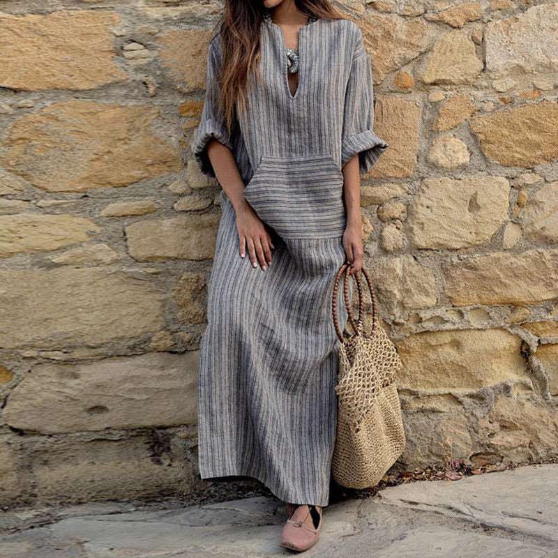 Robe longue décontractée en coton et lin pour femme