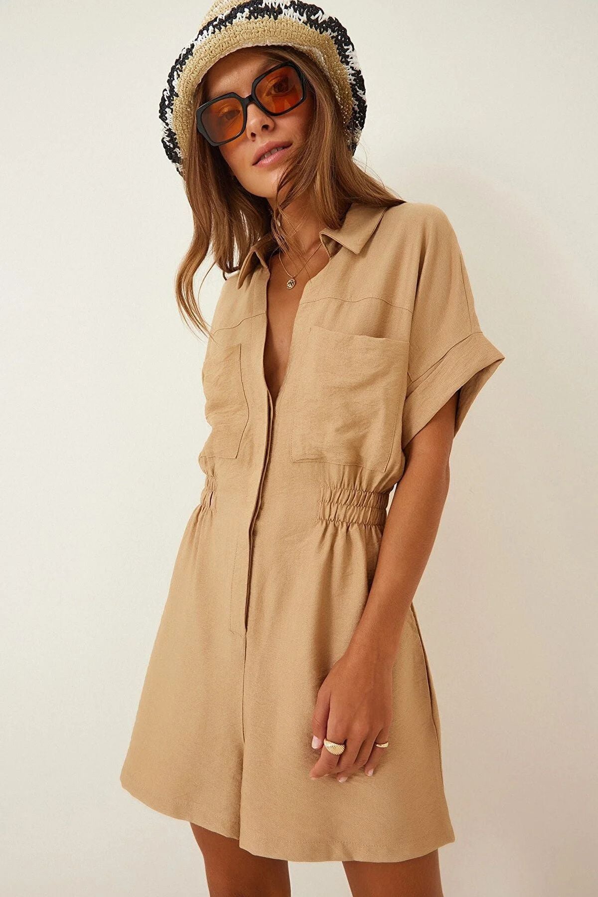Casual Women's Short-Sleeved Cotton-Linen Overalls