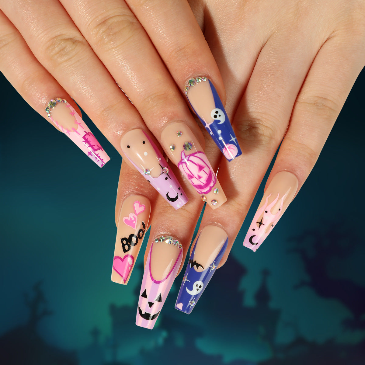 Women Halloween Pink Purple Purple Pumpkin Heart White Ghost Nails