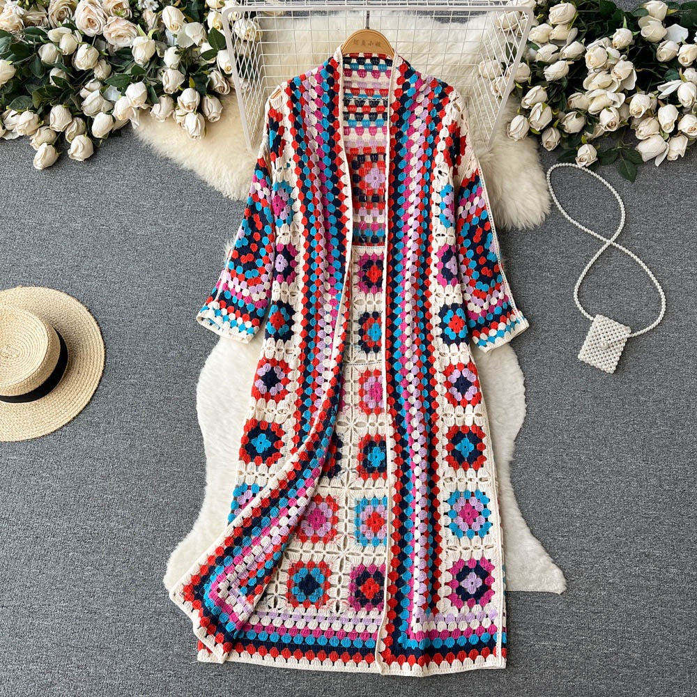 Manteau à manches longues en jacquard style bohème pour femme
