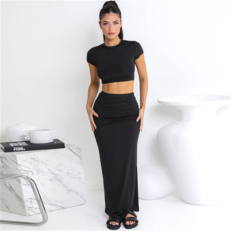 Women Fashion Solid Color Short Sleeve Top And Skirt Set