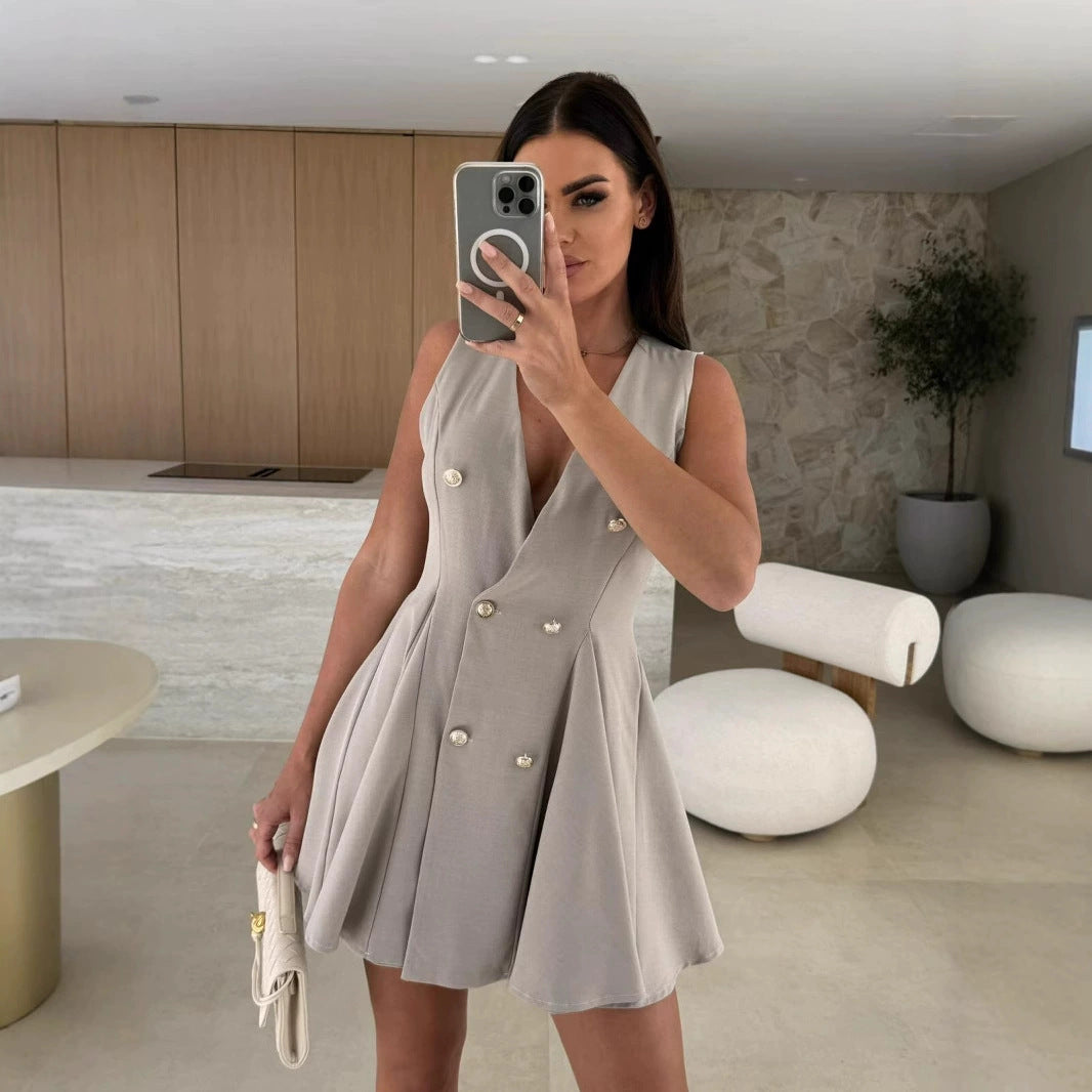 Elegant Solid Color V-Neck Sleeveless Dress