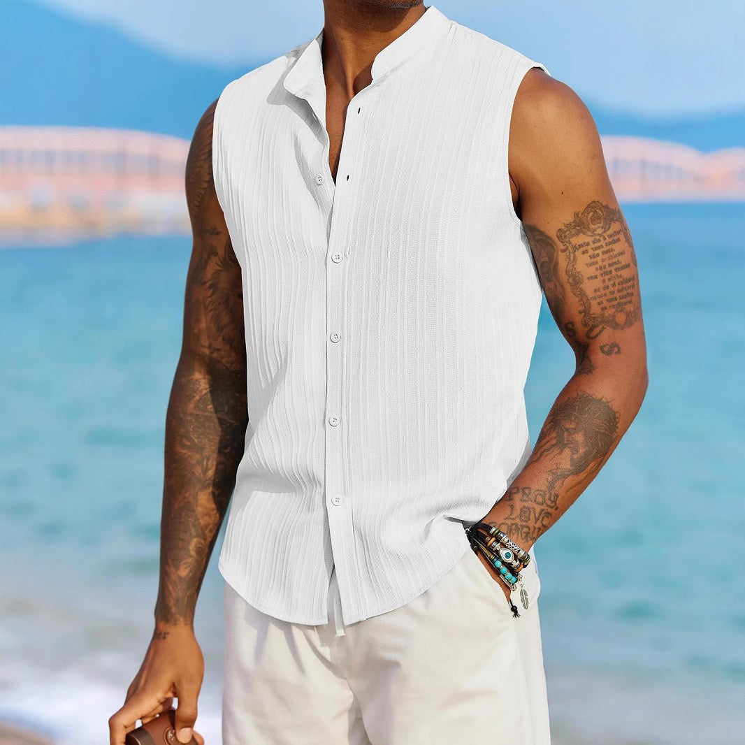 Men's Casual Sleeveless Button-Up Shirt in Solid Colors