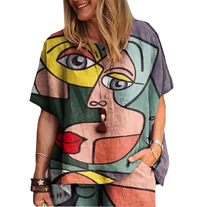 Women's Fashion Geometric Fawn Cotton and Linen Two-Piece Set