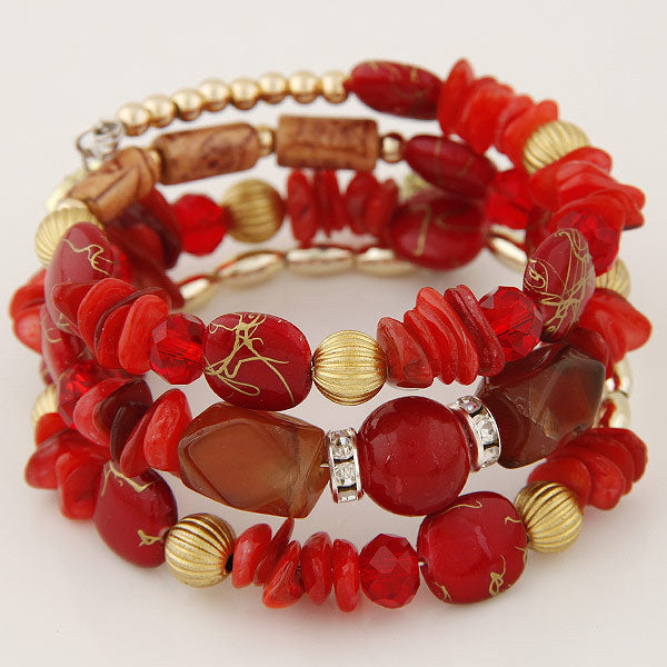 Women Fashion Boho Handmade Wooden Beaded Shell Gravel Crystal Multilayer Bracelet
