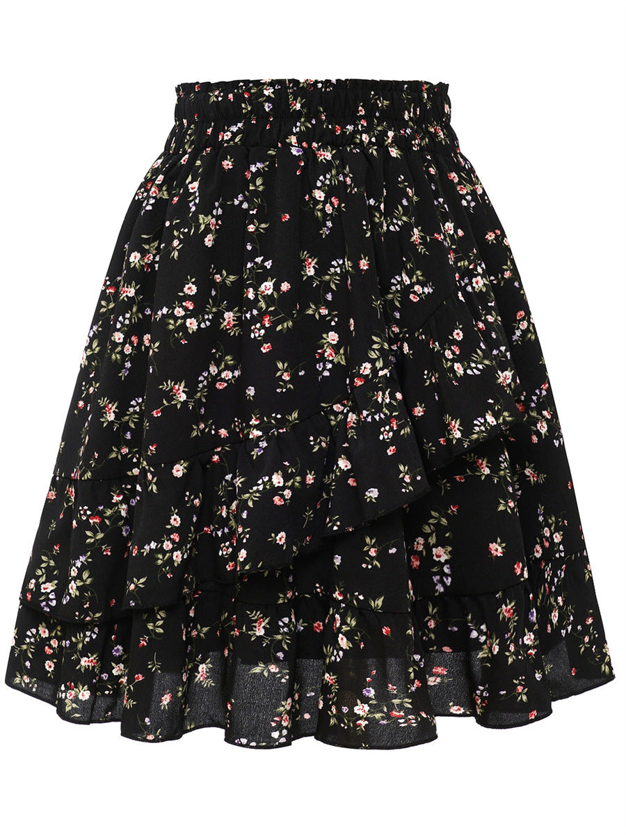 Falda elegante con volantes y estampado floral irregular a la moda para mujer