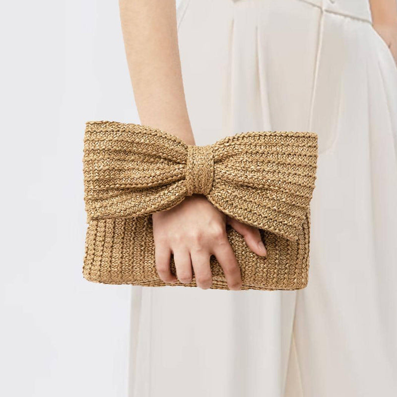 Women Summer Vacation Bow Straw Woven Handbag