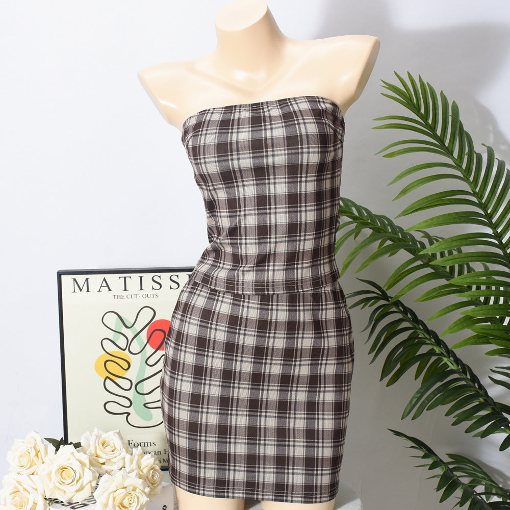 Conjunto de dos piezas de top y falda a cuadros para mujer