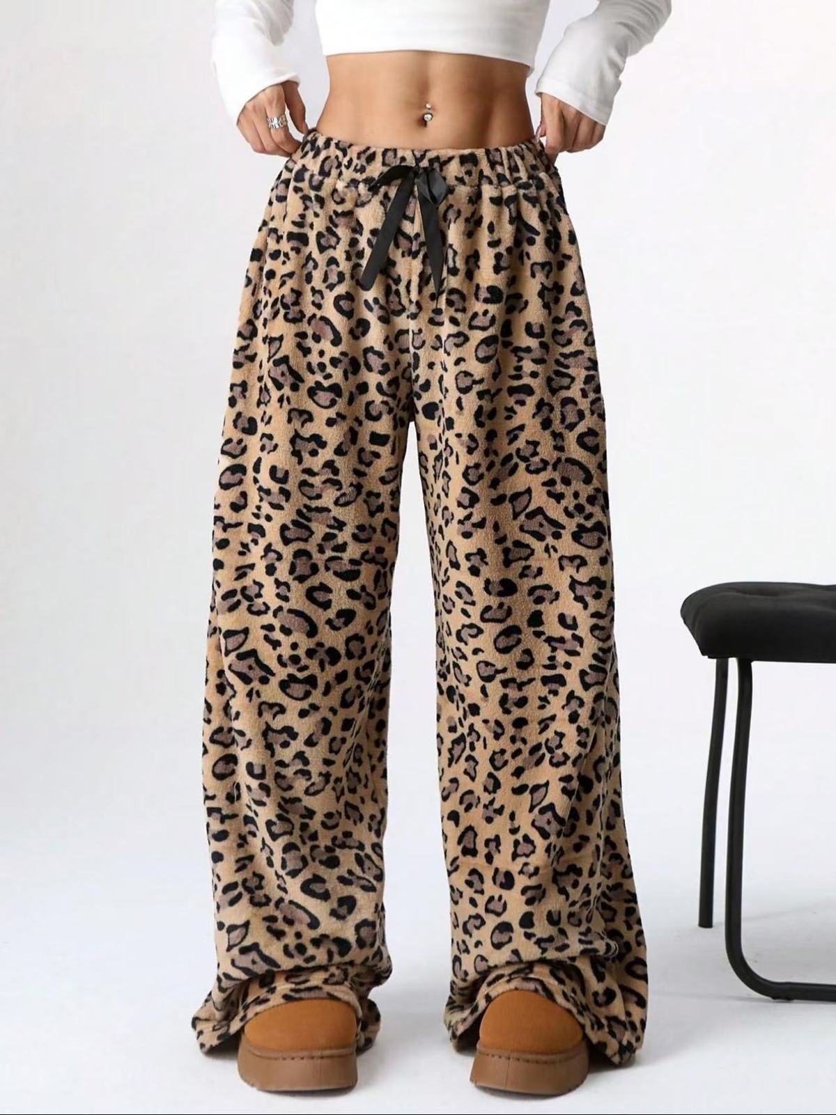 Women Casual Leopard Straight Leg Wide Leg Pants