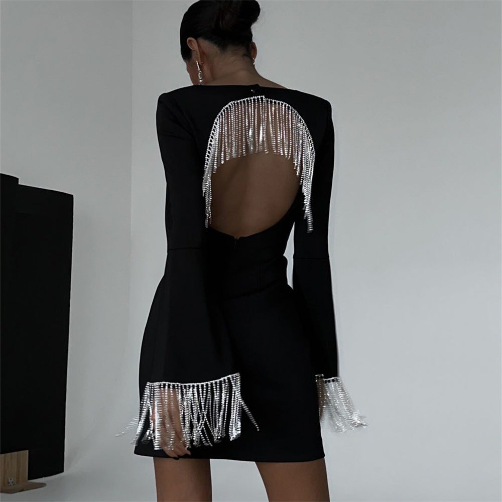 Women Fashion Sexy Square Collar Back Hollow Tassel Dress