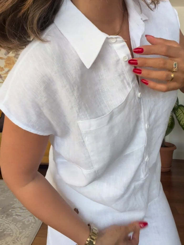 Conjunto informal de dos piezas de lino y algodón para mujer con blusa con bolsillo y pantalones anchos.