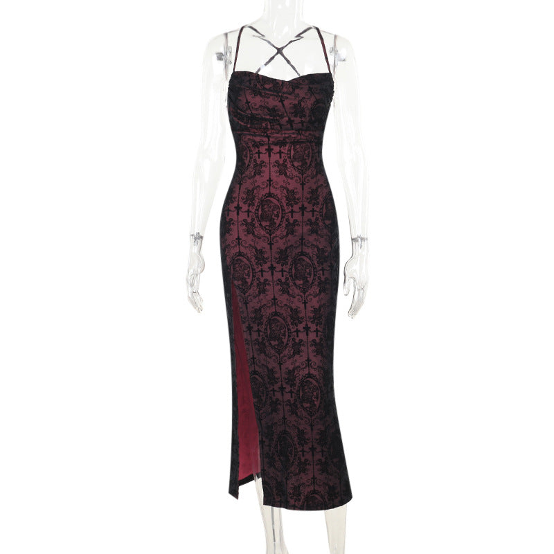 Robe élégante gothique à bretelles spaghetti floquées pour femme