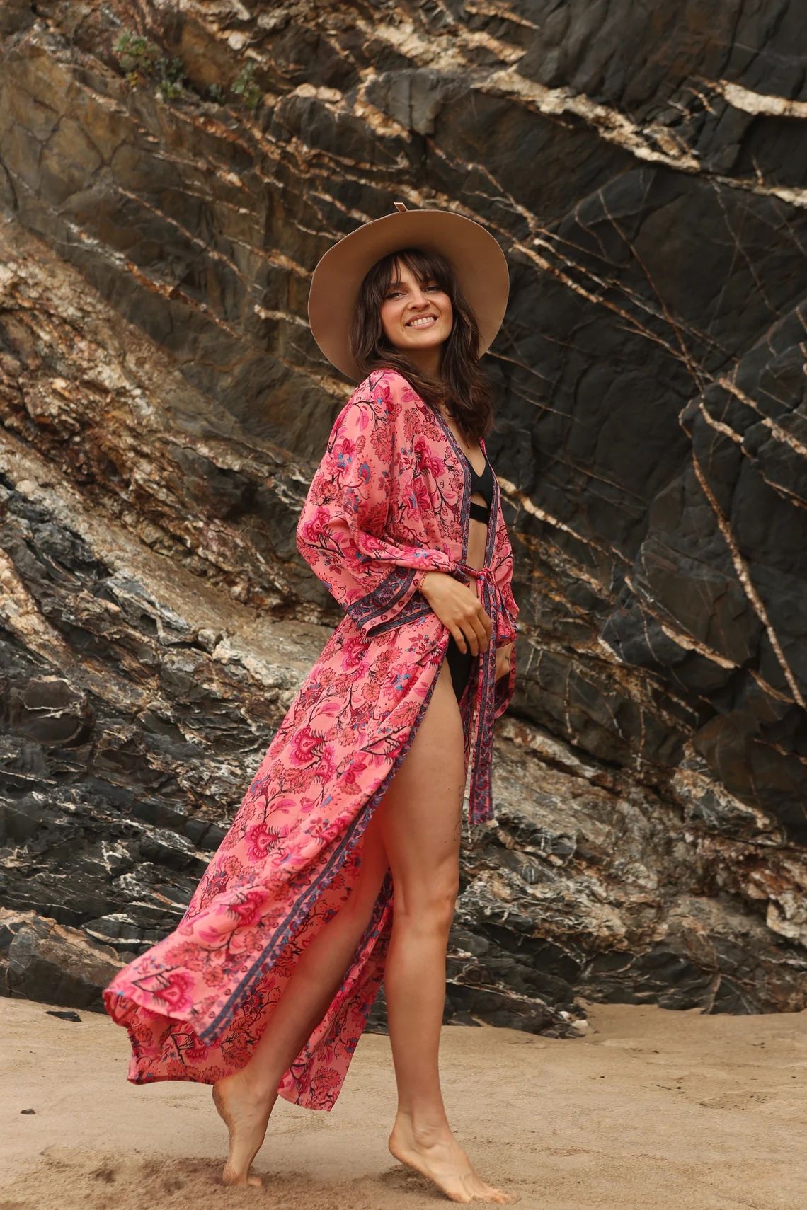 Chemisier de plage kimono en coton à imprimé floral pour femme