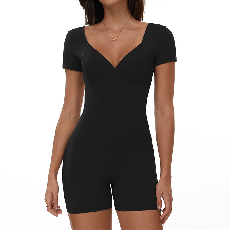 Women Solid Color V-Neck Short-Sleeve Backless Yoga Romper