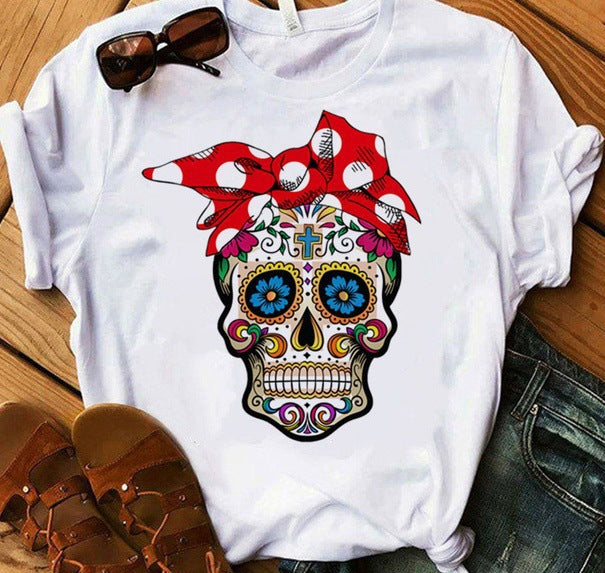 Camiseta de manga corta con estampado de calavera de Halloween para mujer