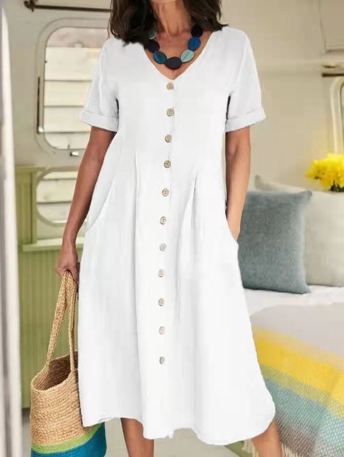 Robe midi taille haute en coton et lin, couleurs unies