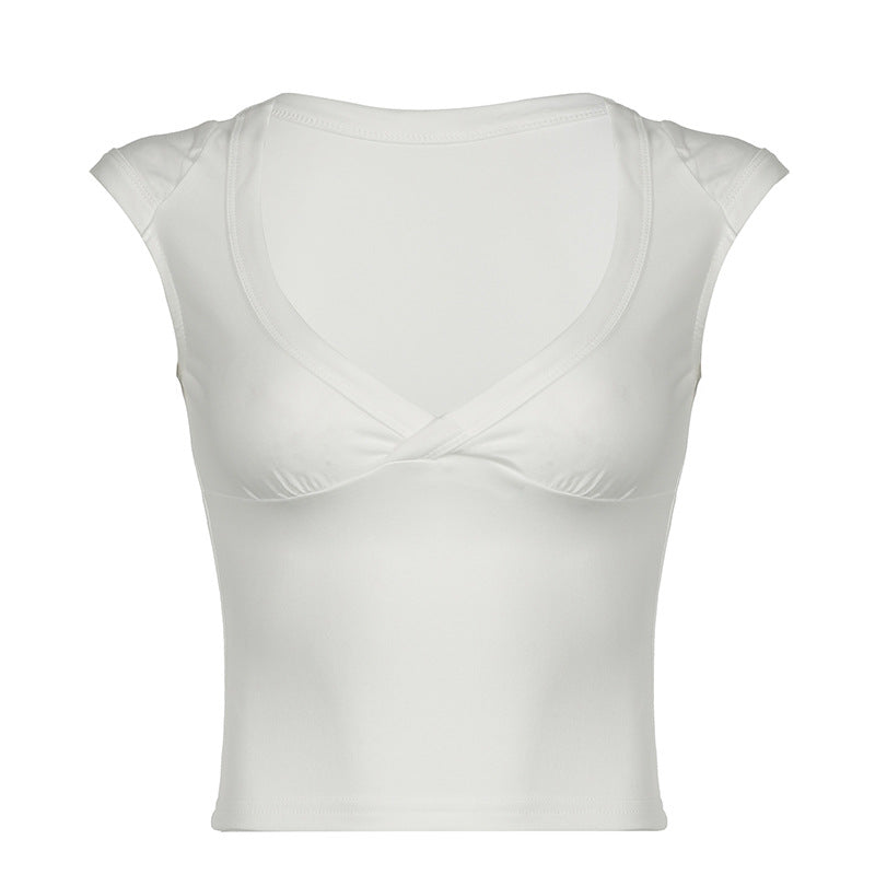Women Simple Solid Color V-Neck Slim-Fit Blank T-Shirt