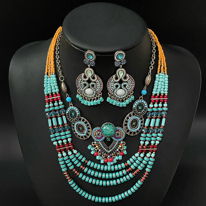 Bohemian Bead String Earrings Necklace Jewelry Suit