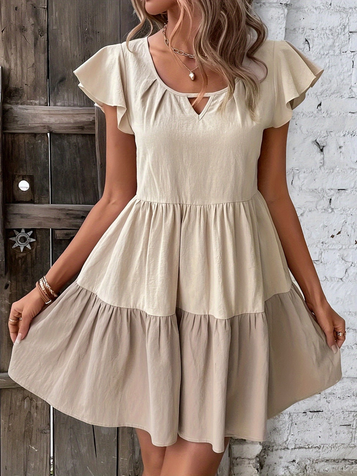 Robe décontractée en coton et lin à col en V pour femme