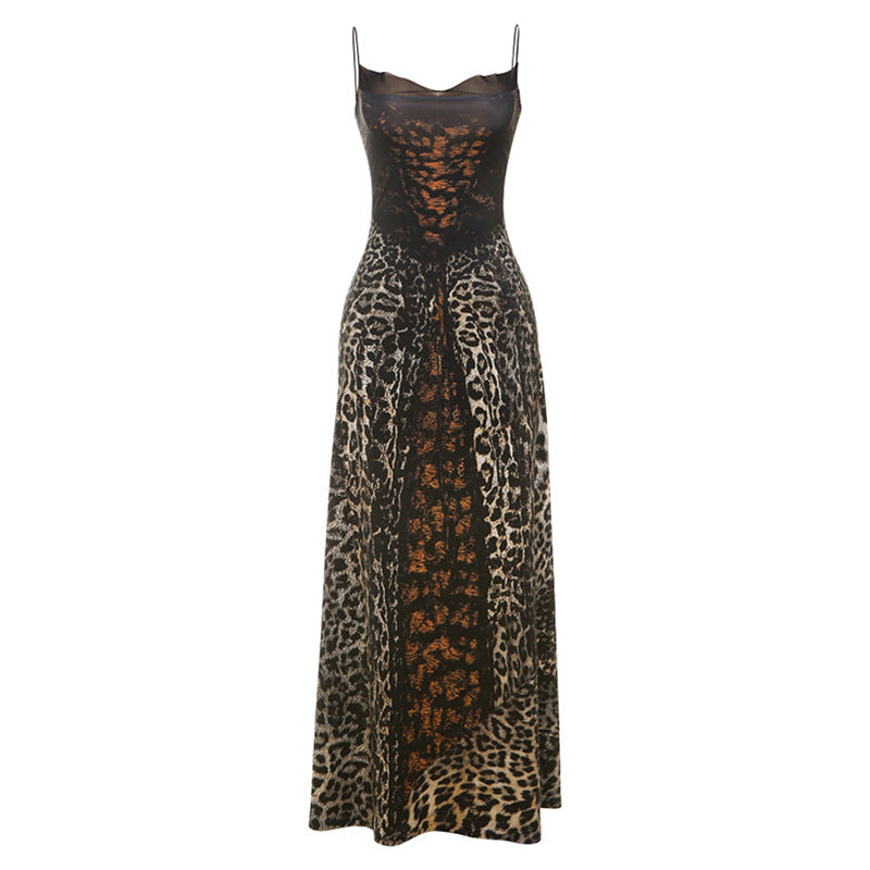 Robe sexy à bretelles spaghetti imprimée léopard pour femme