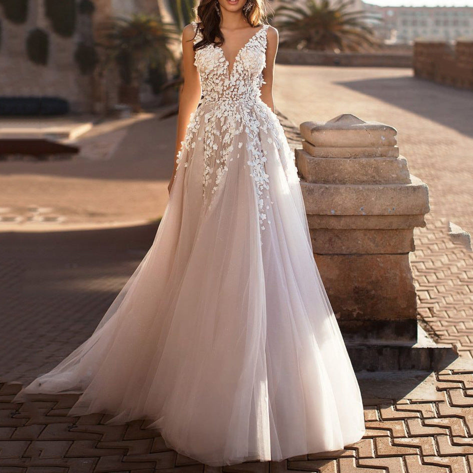 Women Fashion Sexy Elegant Lace Embroidered Deep V-Neck Sleeveless Party Dress
