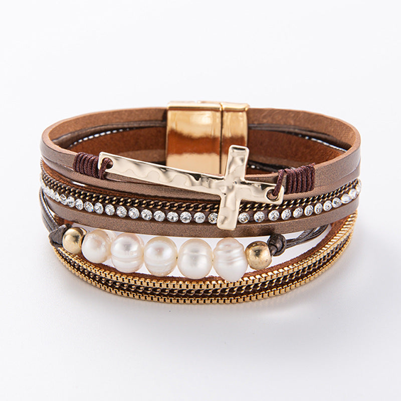 Bohemian PU Multi-Layer Wide-Brimmed Cross Bracelet