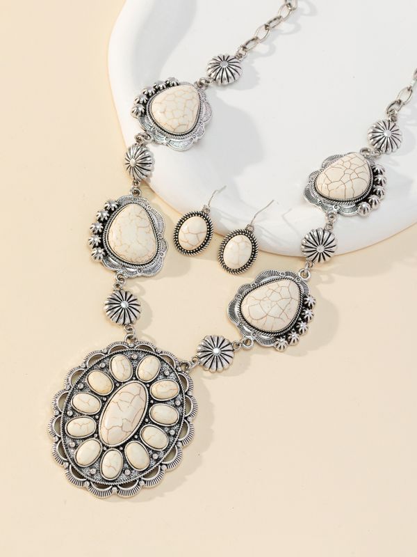 Conjunto de pendientes y collar de turquesa exagerada retro para mujer, joyería de estilo vintage
