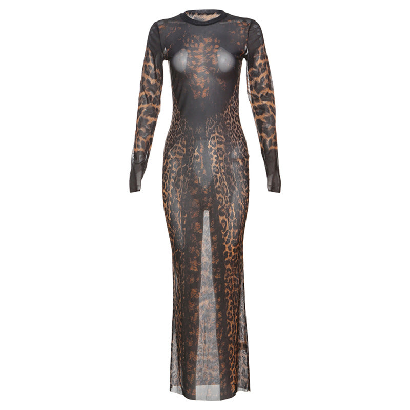 Vestido retro sexy de malla con estampado de leopardo para mujer