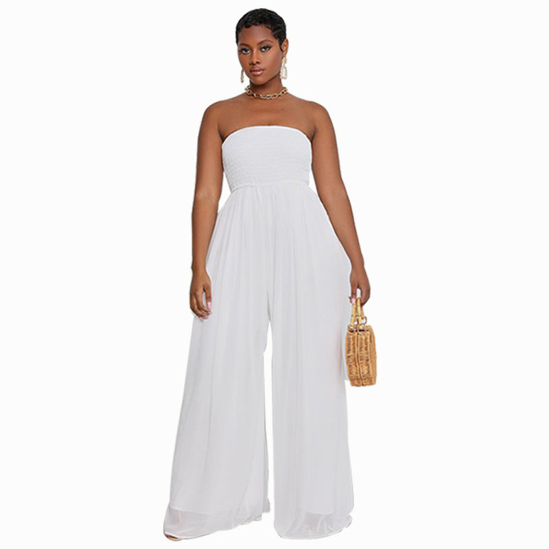 Women Fashion Casual Solid Color Chiffon Sleeveless Wide Leg Jumpsuit