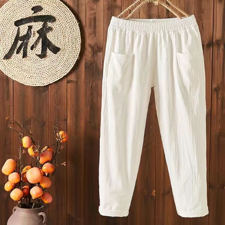 Women Casual Solid Color Cotton Linen Cropped Pants