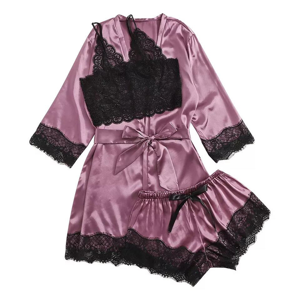 Women Elegant Sexy Lace Satin Pajamas Set