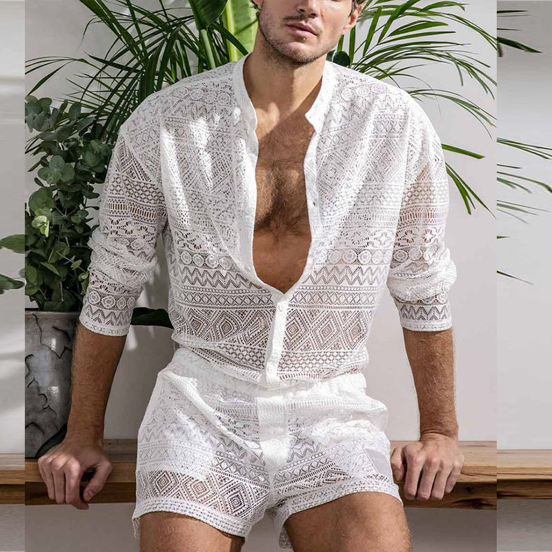 Ensemble deux pièces décontracté à manches longues et chemisier creux en coton pour homme