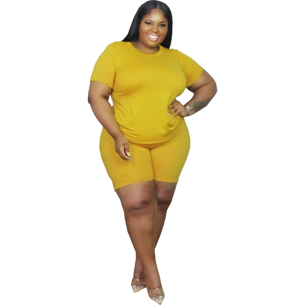Women Casual Solid Color Two-Piece T-Shirt and Shorts Set