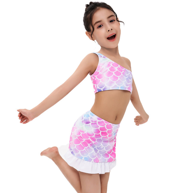 Traje de baño de tres piezas con estampado de sirena para niña