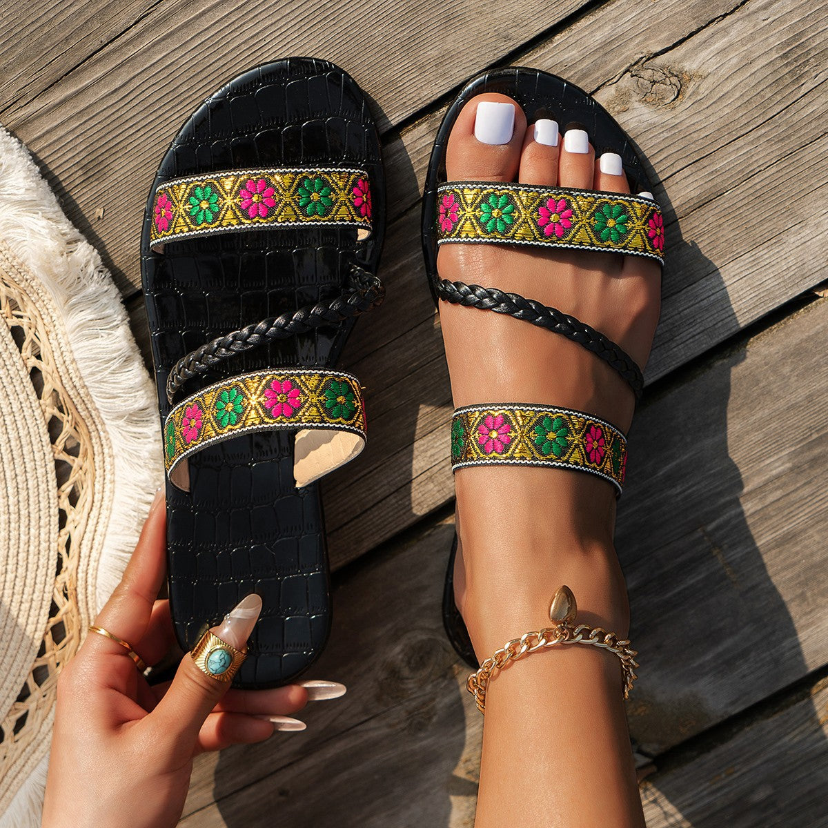 Pantuflas planas informales con bordado de flores para mujer