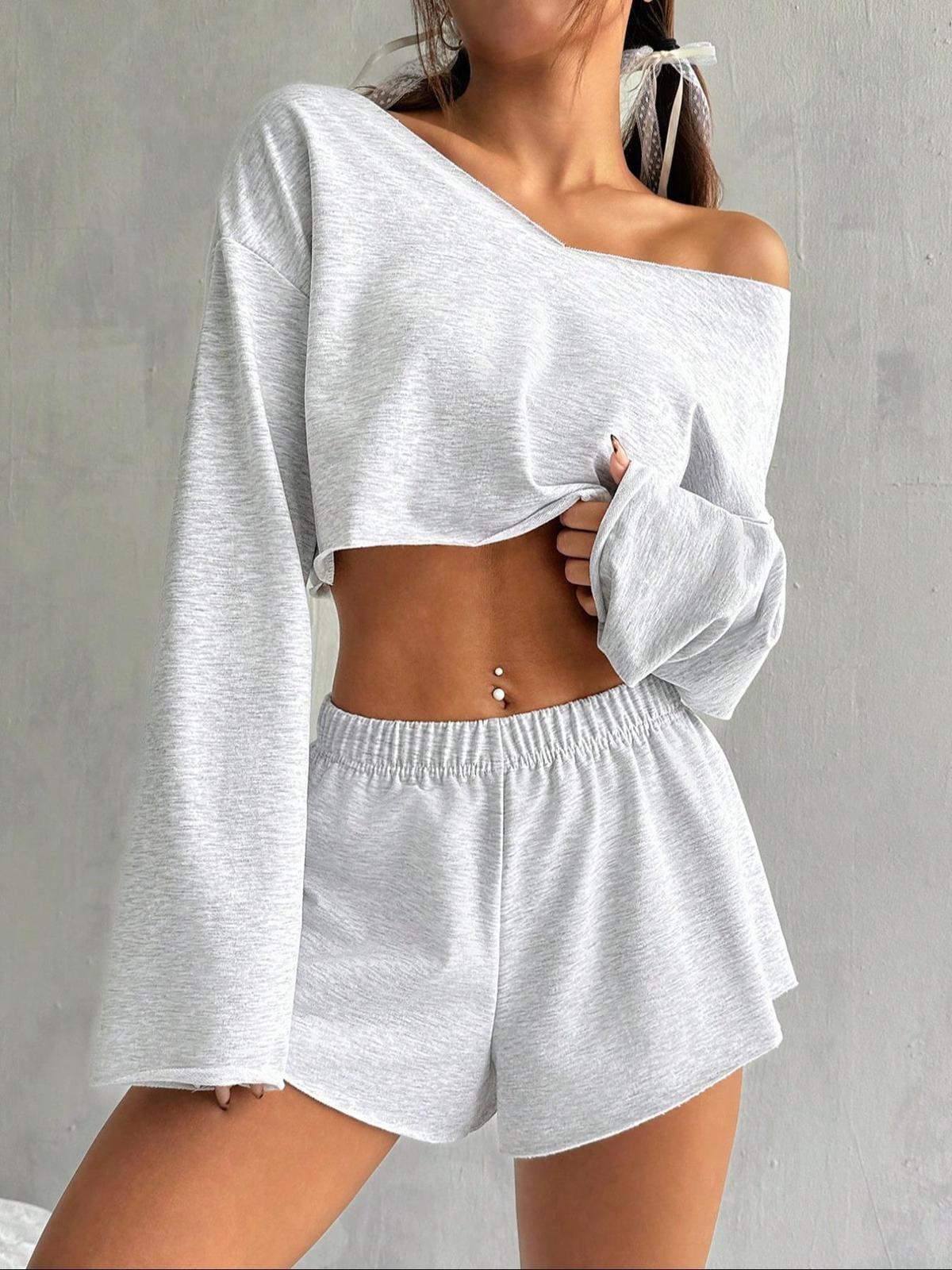Conjunto informal de dos piezas de algodón con cuello en V y manga larga para mujer