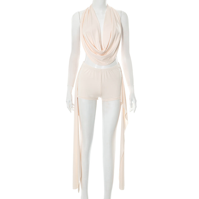 Conjunto de dos piezas de top y shorts de color liso para mujer - Poliéster y elastano