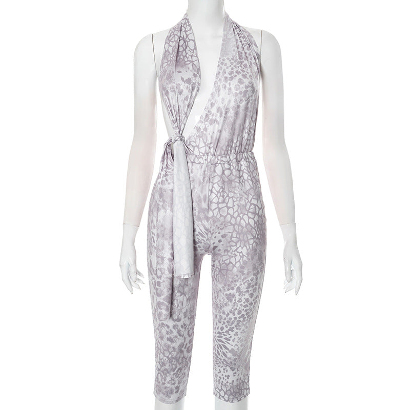 Women Fashion Sexy Print Halter Neck Backless Lace Up Jumpsuit