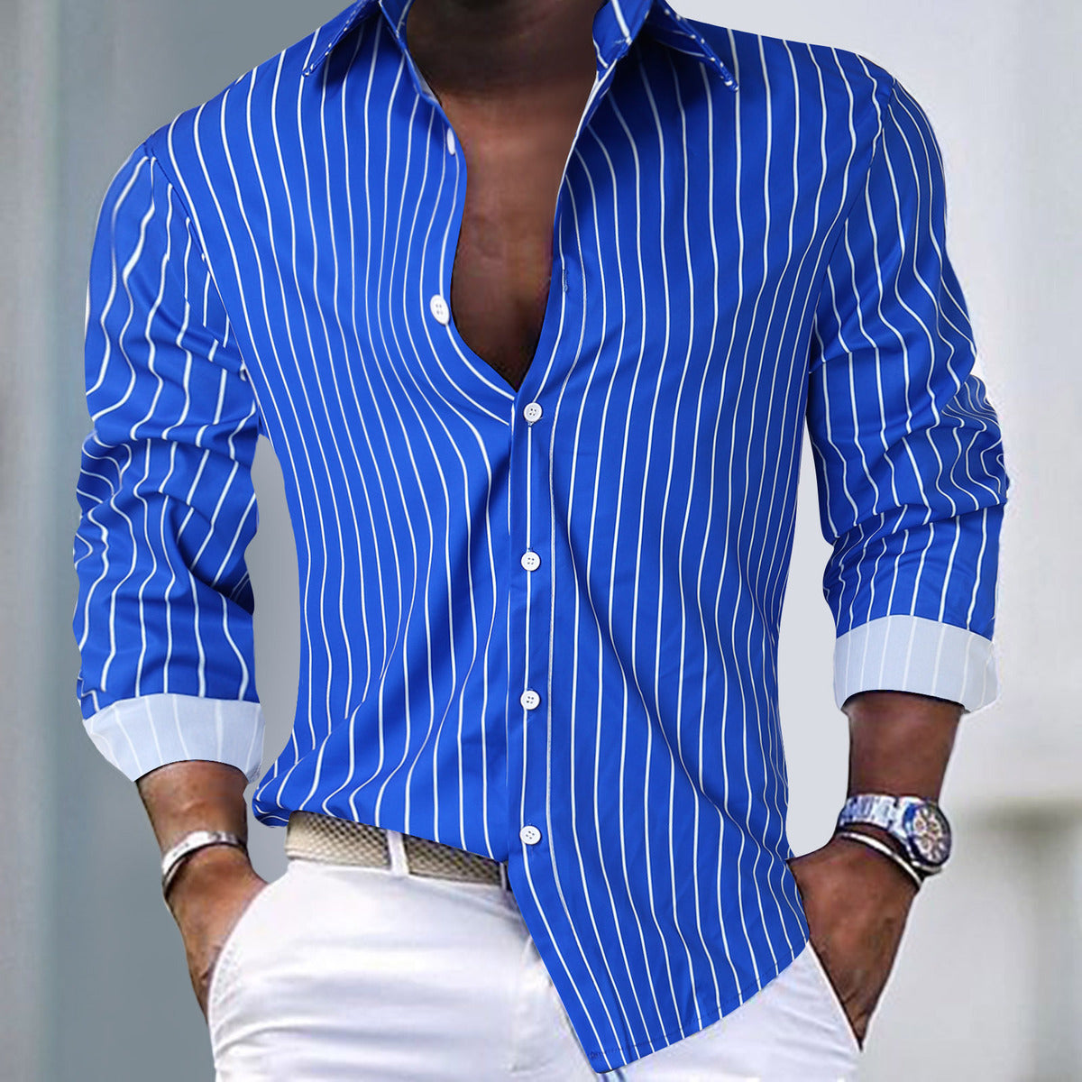 Men's Casual Stripe Lapel Long Sleeve Shirt