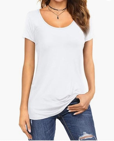 Camiseta de verano para mujer, sencilla, de color liso, con cuello redondo y manga corta.