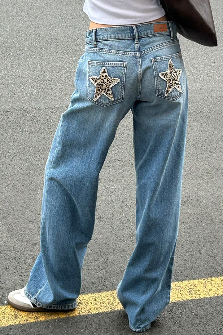 Vaqueros retro con estampado de leopardo y estrellas para mujer