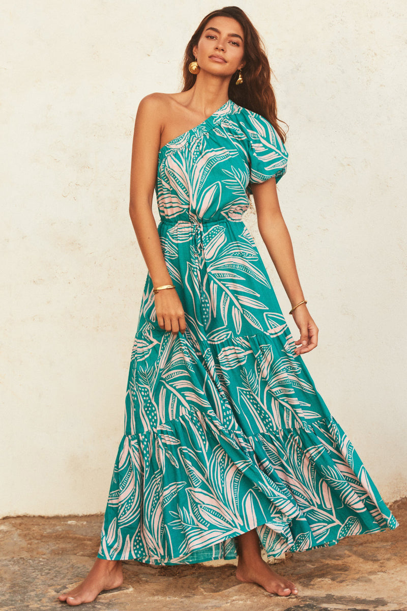 Women's Slant Shoulder Boho Tiny Flower Casual Maxi Dress